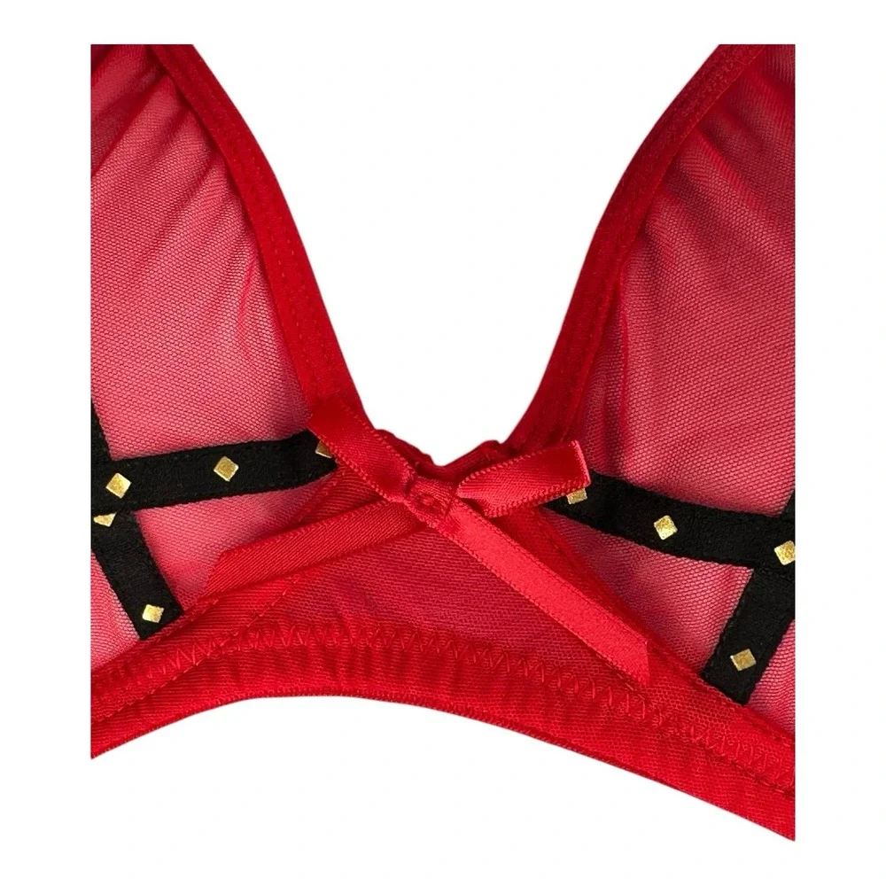 Frederick's Of Hollywood Women's 34DD Red Rozlyn Mesh and Stud Red Black Set Bra